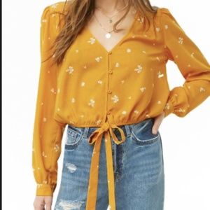 NWT Forever 21 Floral Tie-Hem Top, Mustard, S